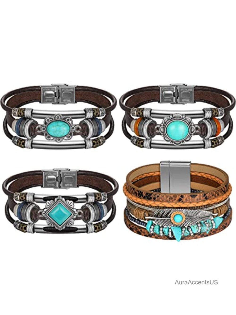 Women's Leather Cuff Bracelets Boho Western Turquoise Magnetic Clasp 4-Pack